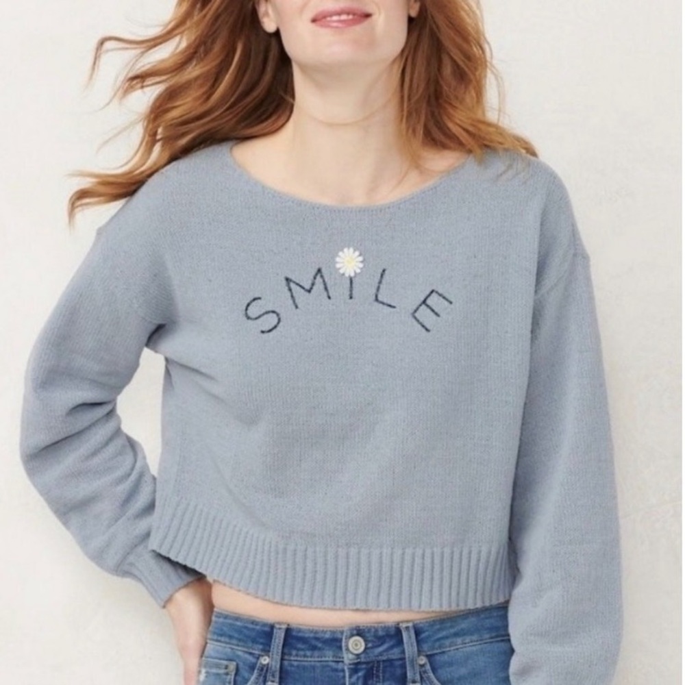 LC Lauren Conrad Gray 'Smile' Embroidered Sweater